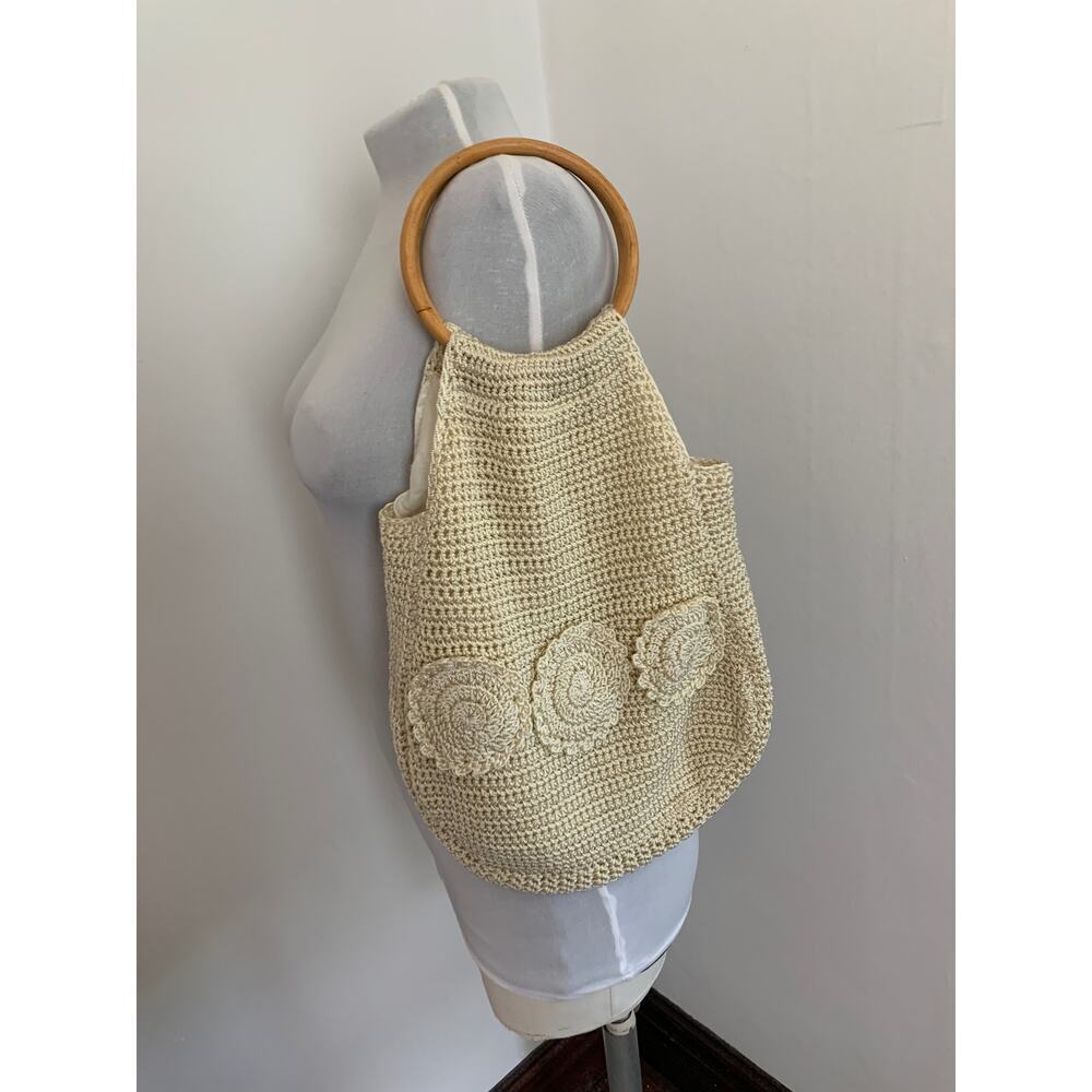VTG y2k 2000s 90s Crochet Knit Boho Beach Bag Flower Wood Tote Newport News